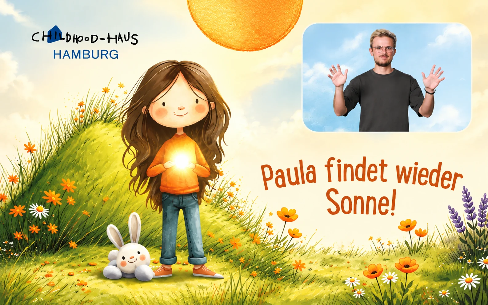 Paula findet wieder Sonne – Illustration mit Paula, Schriftzug und Gebärdensprach-Darsteller