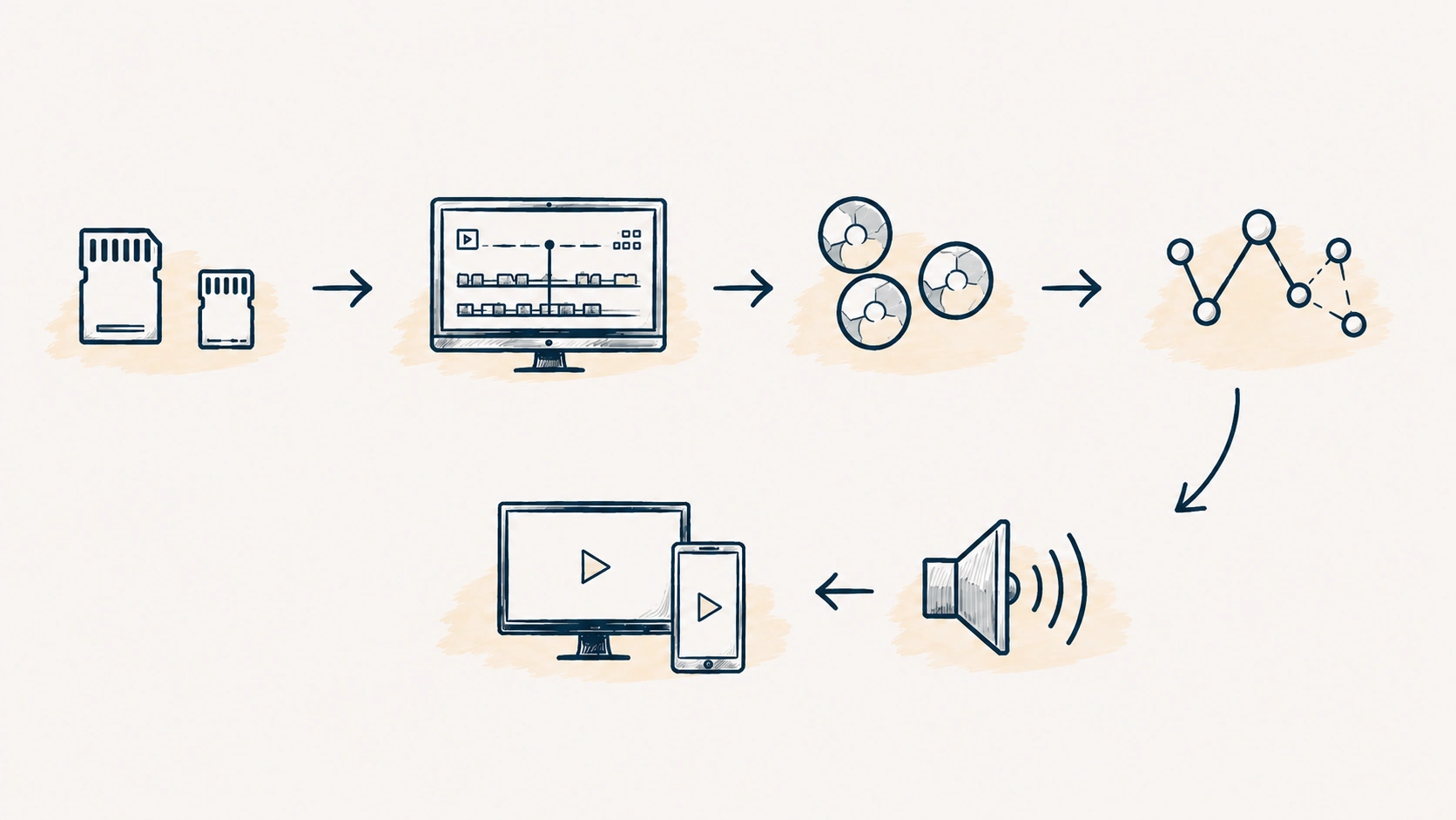Illustration des Postproduktionsprozesses von Rohmaterial über Schnitt, Color Grading, Motion Design und Sound Design bis zum fertigen Content.
