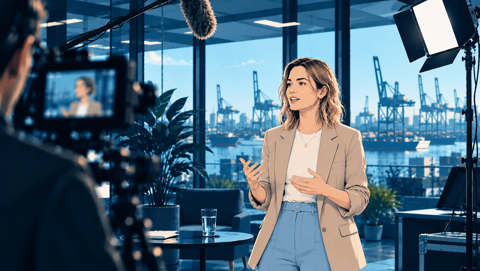 Illustriertes Interviewset mit Hamburger Hafenpanorama für das Port-International-Testimonial