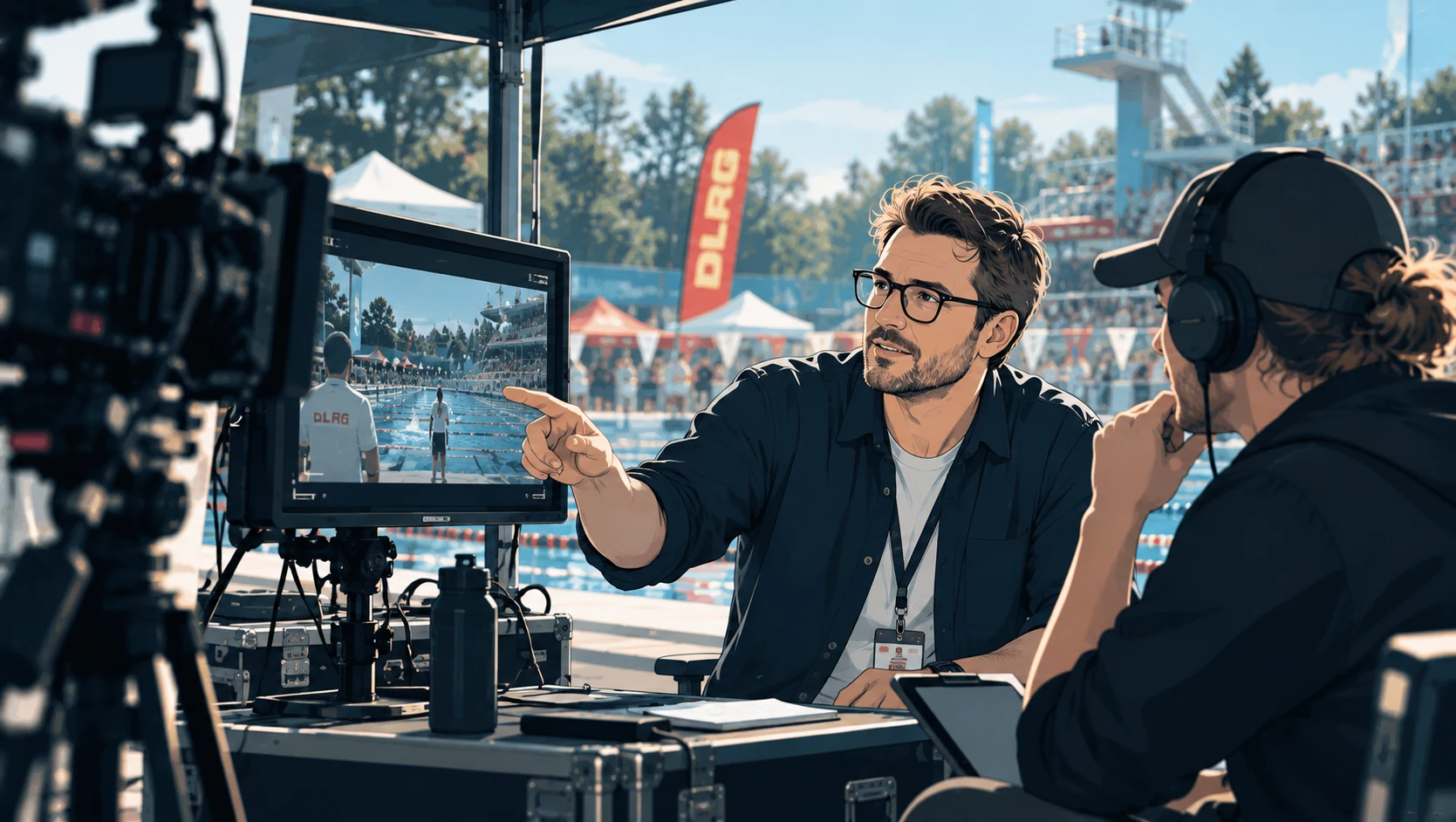Illustrierte Regiebesprechung am Monitor während einer DLRG-Schwimmveranstaltung