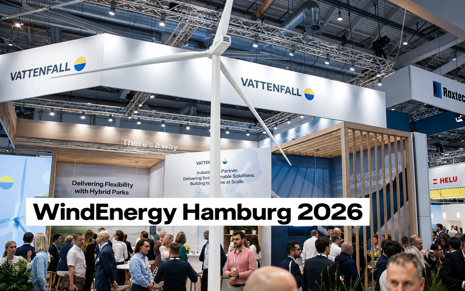 Vattenfall-Messestand auf der WindEnergy Hamburg 2026 mit Windradmodell und Messebesuchern